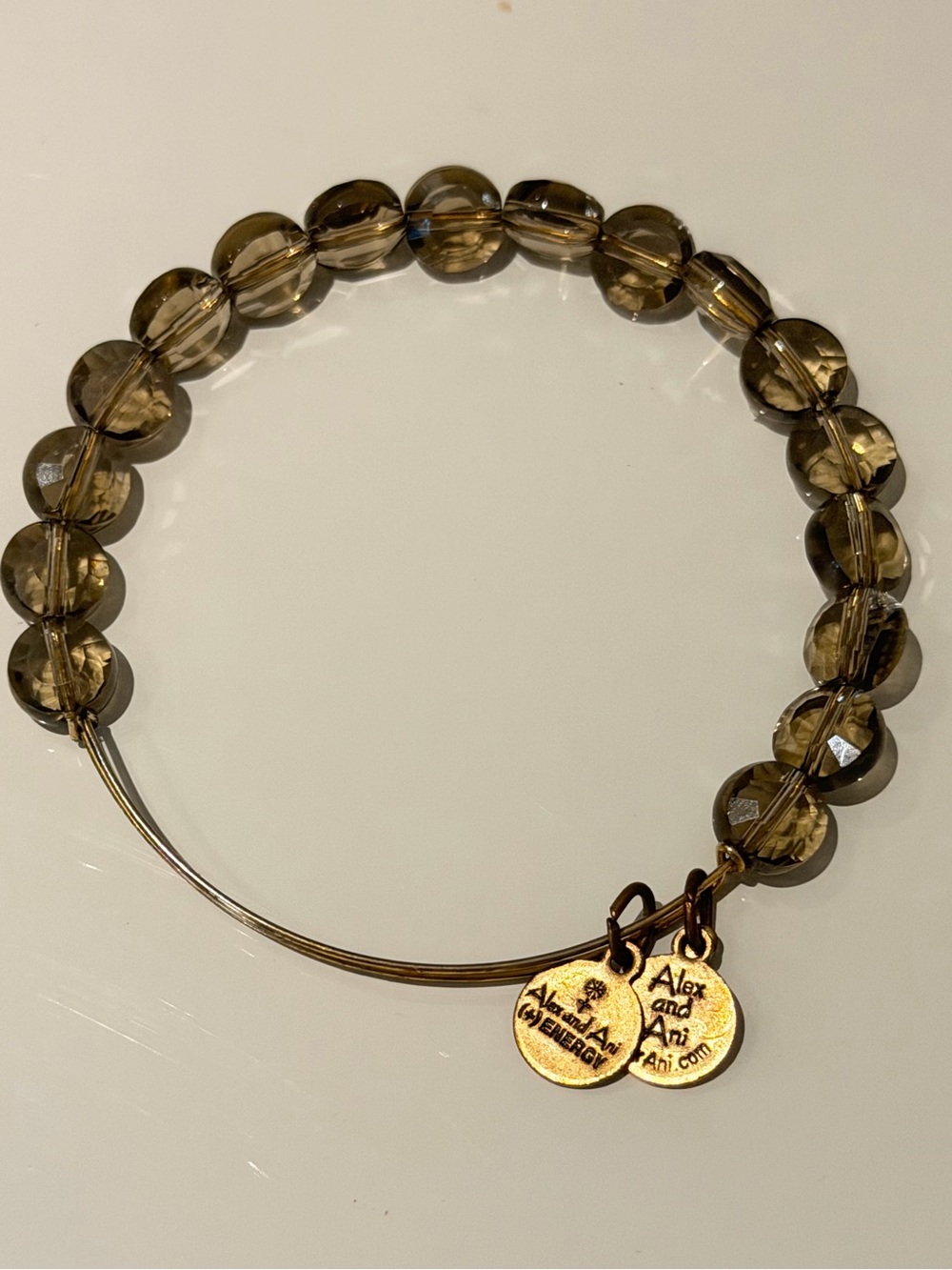 Alex and Ani Smoky Brown Crystal Bead Bracelet with Gold Charms